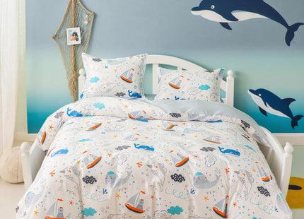 Simple&Opulence 100% Organic Cotton Duvet Cover for Kids Teens, 3 Pieces Soft Comforter Cover with Zipper Closure Cool Boy Girl Sea Sailboat Ocean Bedding Set - Whale, Twin