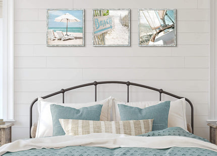 Coastal Framed Wooden Wall Art: Ocean Pictures Sailboat Art Prints Beach Artwork Collection Set of 3 Seascape Decorations for Home