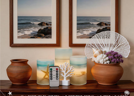 Velsyn Beach Flameless LED Candles with Remote and Timer, Seashell & Starfish Pillar Unscented Real Wax, Ocean Decor for Home Bedroom Wedding Coastal Room, 3" x 4",5",6", Set of 3(Beach)