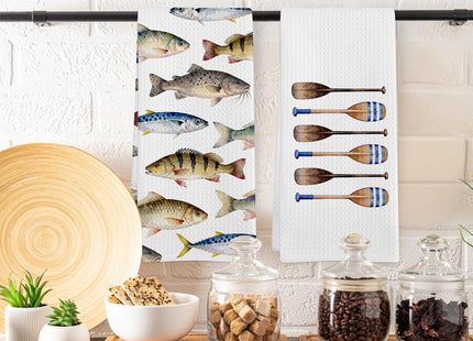 GWFSJYU Coastal Fish Boat Oars Kitchen Towels Set of 2, Ocean Fishing Beachy Dish Tea Towels for Kitchen, Lake House Oars Decorative Hand Towel for Bathroom, Nautical Decor for Bathroom, 16x24 Inch