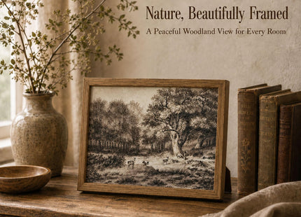 RunRRIn Deer in Forest Landscape Wall Art, Oak-Framed Canvas Print, 8x10