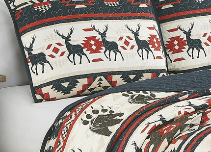 ESCA Farmhouse Lodge Animal Print Navy Bedspread Set Queen Size 3-Piece Red and Blue Deer and Bear Rustic Quilt