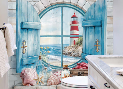 Beach Lighthouse Ocean Sea Teal Coastal Wooden Bathroom Shower Curtain Set
