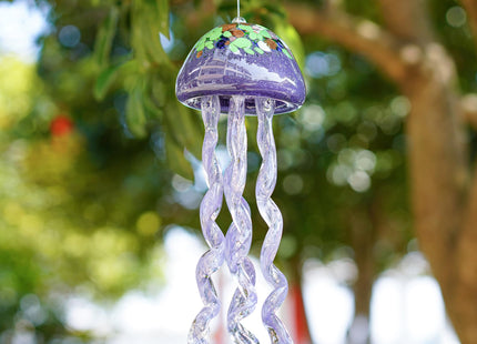 14in Handcrafted Purple Sea Glass Jellyfish Wind Chime Patio Decor