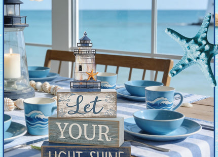 Lineshading 4 Pcs Beach Coastal Table Decor Wooden Lighthouse Decoration with Starfish Summer Tiered Tray Decor Blue and White Ocean Centerpieces Rustic Beach House Nautical Decorations for Home Shelf