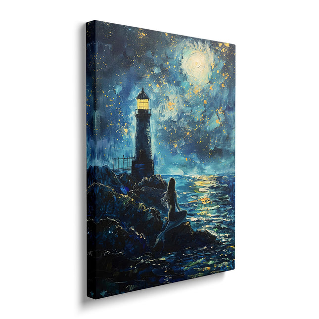 Lighthouse Canvas Wall Art Mermaid Painting Picture Coastal Night Scenery Framed for Bathroom Bedroom Living Room Nautical Ocean Modern Home Office Wall Decor 12"x16"