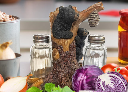 Pine Ridge Bear Salt And Pepper Shaker - Two Glass Shakers, Bear In Tree Holder Caddy For Spices And Seasonings, For Kitchen, Dining Or Table Décor