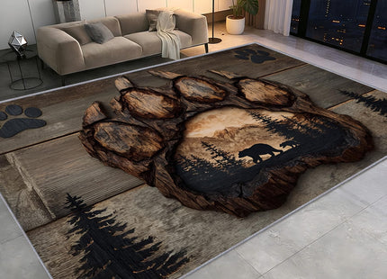 Bear Paw Print Area Rug, Rustic Wildlife Bear Rugs, Wood Grain Forest Hunting Print Rug, Cabin Lodge Wild Animal Carpet for Living Room Washable Anti-Slip Carpet