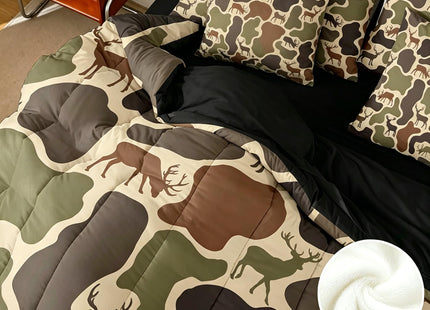 Erosebridal Camo Deer Comforter Set 7 Pcs Camouflage Hunting Deer Bedding Sets for Kids Teens Green Military Army Camo Bed in A Bag Queen Country Hunter Wildlife Sheet Set with Comforter