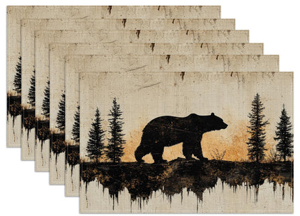 Retro Bear Pine Tree Placemats Set of 6, Vintage Washable Linen Place Mat Heat Resistant Non Slip Kitchen Dining Table Mats 12x18 Inch