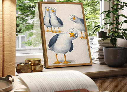 Framed Funny Seagull Bird Canvas Wall Art, Whimsical Nosy Coastal Birds Pictures Wall Decor, Cute Beach Animal Poster Prints Eclectic Home Decor for Living Room Bedroom Bathroom 12x16 inch