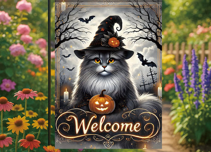 Starlit Patio Halloween Welcome Garden Flag Maine Coon Cat 12x18 Inch Double Sided Witch Pumpkin Outdoor Yard Flag, Spooky Farmhouse Porch Lawn Gothic Halloween Decorations for Cat Lovers