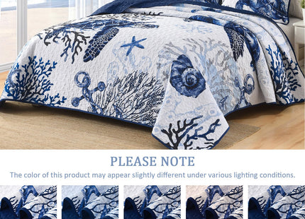 DJY Ocean Coastal Quilt Queen Size, 3 Pcs Sea Turtle Bedspread Bedding Set