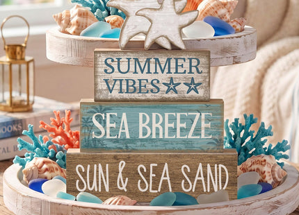 Yuntau 4 Pcs Summer Beach Decorations for Home Beach Tiered Tray Decor Starfish Coastal Rustic Starfish Wooden Block Table Sign Stacked Book Nautical Table Centerpiece for Farmhouse Office Desk Shelf