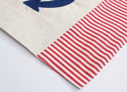 DECOPOW Embroidered Anchor Linen Table Runner ,14 Inches x 72 Inches (Red Stripe)