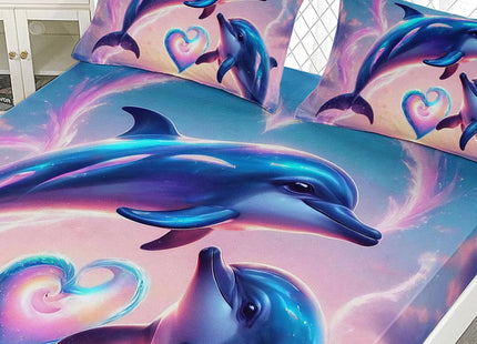 AILONEN Kids Jumping Dolphin Fitted Sheet Set,Love Dolphin Bedding Set for Girls Bedroom Decor Twin Size,Ocean Waves Bedsheets Set,Soft Microfiber,3-Piece,1 Sheet Set and 2 Pillowcases