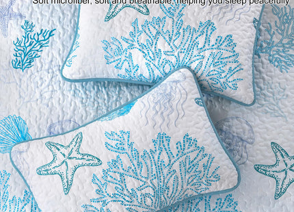 DJY Ocean Coastal Quilt Queen Size, 3 Pcs Beach Theme Bedspread Bedding Set