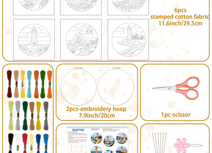 BEUNITONE 6 Set Beginner Embroidery Kit for Adults with Pre-Printed Washable Lighthouse Pattern, DIY Needlepoint Craft Kits for Cloth with Embroidery Hoop and Instruction, Funny Gifts for Home Decor