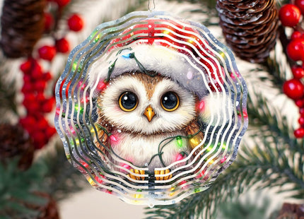 Christmas Owl Wind Spinner,3D Owl Spinner for Yard and Garden 3D Steel Wind Spinners Outdoor Hanging Decorations10 inch 3D Xmas Cute Owl Swirl