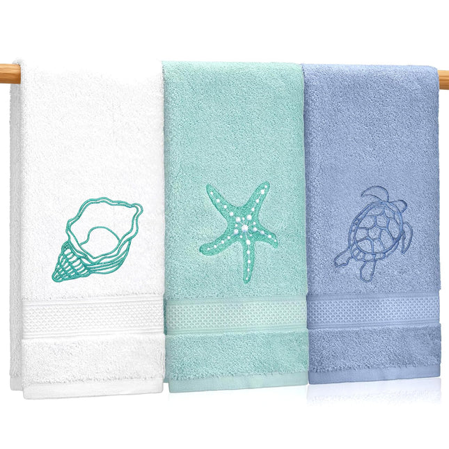 3Pack Beach Hand Towels for Bathroom, 100% Cotton Hand Towels Coastal Decor