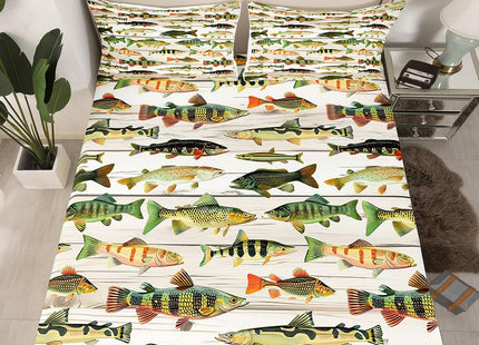 Feelyou Bass Fish Bed Sheets Set Twin Size Fishing and Hunting Fitted Sheet Beige Wood Plank Decor Bedding Set, 1 Fitted Sheet + 1 Flat Sheet + 1 Pillowcase