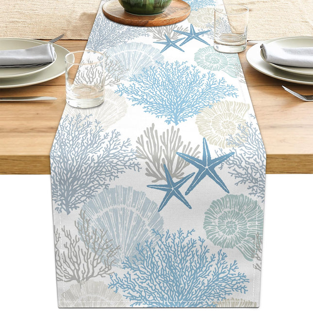 Coastal Table Runner 13x36 Inch Blue Summer Beach Nautical Table Runners Modern Kitchen Dining Table Decor Rustic Coffee Table Dresser for Home Holiday Party Decor (13"x36", Coastal)