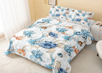 QOOMO Coastal Beach Themed Comforter Set for Boys Girls Kids Sea Turtle Ocean Life Full Size Bedding Set Super Soft Quilt with 1 Comforter and 2 Pillowcases Lightweight Microfiber for All Seasons