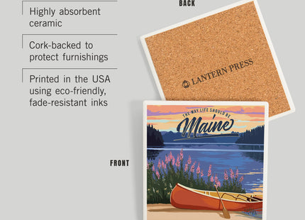 Lantern Press Maine, The Way Life Should Be, Canoe and Lake (Absorbent Ceramic Coaster, Single, Cork Back, Kitchen Table Decor)