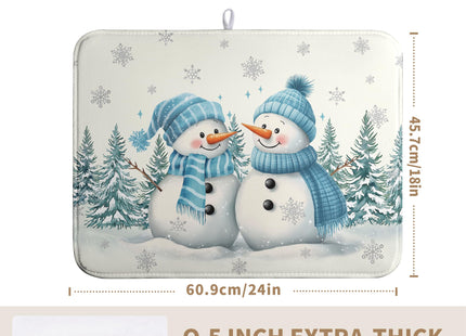 Winter Dish Drying Mat Winter Snowman Large Kitchen Mats Dish Drying Pad Blue Snowman Pine Tree Absorbent Dish Dryer Mat for Kitchen Countertops Microfiber Drainer Pad Dish Drying Mats (18x24 in)