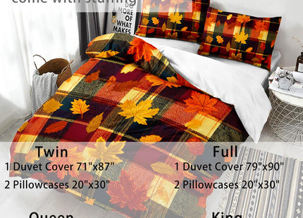 AILONEN Autumn Maple Twin Bedding Set 3 Piece, 1 Duvet Cover + 2 Pillowcases, Burnt Orange Leaves Dark Plaid Checks Golden Foliage for Rustic Cabin Bedroom