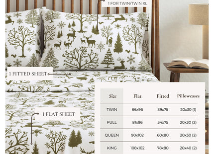 Great Bay Home Flannel Sheet Set Queen Size - 100% Turkish Cotton, Double-Brushed, Lodge-Printed Bed Sheets - Ultra-Soft, Cozy, 4-Piece Bedding Set (Olive Branch Enchanted Woods)