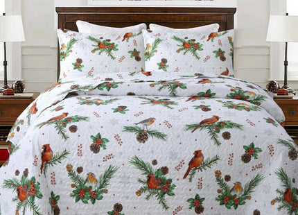 MarCielo 3 Pcs Christmas Quilt Set, Rustic Lodge Cardinals Bedspread, King