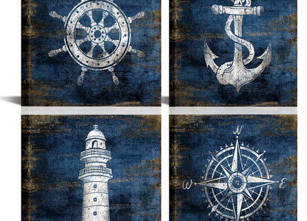 KLVOS Nautical Canvas Wall Art Navy Blue Boat Anchor Paintings Helm Drawing Compass Lighthouse Rustic Style Beach Home Decor Ready to Hang for Bathroom Living Room 12x12 Inchx4 Panels