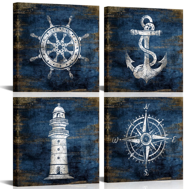 KLVOS Nautical Canvas Wall Art Navy Blue Boat Anchor Paintings Helm Drawing Compass Lighthouse Rustic Style Beach Home Decor Ready to Hang for Bathroom Living Room 12x12 Inchx4 Panels
