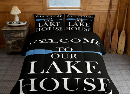 Lake House Comforter Set Full Size, Blue Paddle Lake Camping Bedding Set 3pcs, Rustic Farmhouse Lake Life Black Down Comforter for All Season, Kids Boys Girls Room Decor, 2 Pillowcases, No Sheets