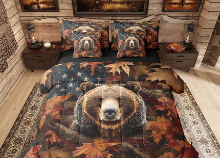 Feelyou Hunting Camo Bear Comforter Set Queen Size 7 Pieces Realistic Tree American Flag Bear Bedding Set Kids Adult Rustic Farmhouse Bed in a Bag with Comforter, Sheets, Pillowcases, Cushion Covers