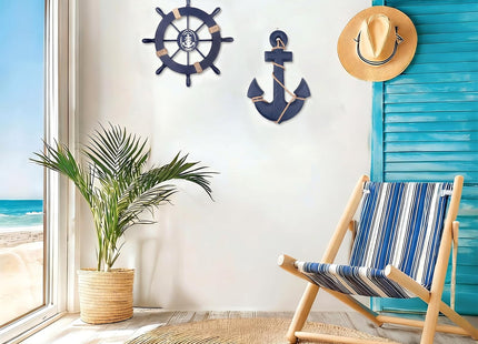 Meching 2 Pack 11" Nautical Beach Wooden Ship Wheel and 13" Wooden Anchor with Rope Nautical Boat Steering Wheel Rudder Anchor Wall Art Decor Door Hanging Ornament Beach Theme Home Decoration(Blue)