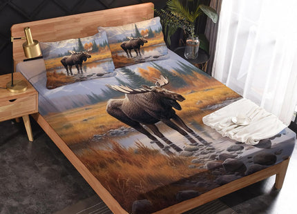 Moose Sheets Queen Sheet Set - Woodland Animal Bed Sheets, Soft Microfiber & Deep Pocket & Wrinkle Free Patterned Bedding Sheets & Pillowcases, 4 Piece ( 1 Fitted Sheet, 1 Flat Sheet, 2 Pillow Cases )