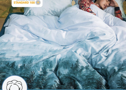 MILDLY 100% Long Staple Cotton Forest Duvet Cover Set Green Gradient Trees Mountains Pattern Comforter Cover Set