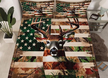 kxry Deer American Flag Fitted Sheet Set 4 Pieces Hunting Bedding Queen