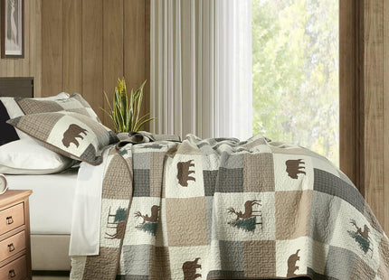 EWlinens Queen Quilt Set - 100% Cotton Quilt Queen Size, Farmhouse Animals Patchwork Plaid Queen Quilts Bedding Set, Forest Rustic Lightweight Comforter for Queen Bed, Green/Brown/Beige, 3 Pieces