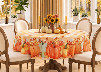 Softalker Fall Tablecloth Round, Orange Buffalo Plaid with Pumpkins