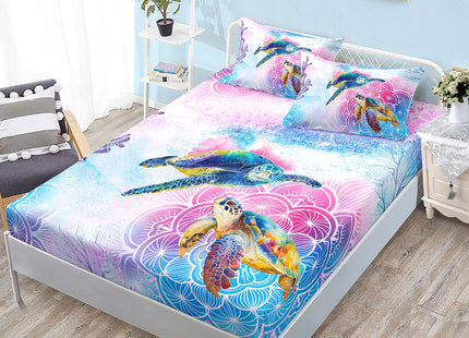 HOSIMA Sea Turtle Fitted Sheet Sets,Coastal Beach Themed Twin Bed Set for Girls Kids Teen Boys Room Decor, Crib Set,Mandala Bedding Twin Size,1 Sheet+2 Pillowcases.,Twin 39''*75''