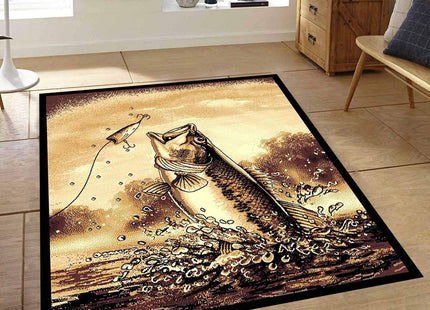 Champion Rugs Wildlife Nature Lodge Cabin Fish Bass Fishing Area Rug (5’ 3” X 7’ 5”)