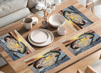 Bass Fish Placemats Set of 4, Farmhouse Lake Fishing Place Mats Table Mats for Kitchen Dining Room Restaurant 18"x12"