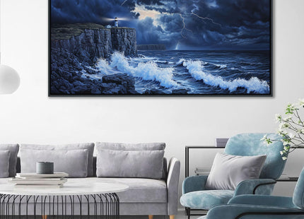 YDYSUNE Large Wall Decor- Ocean Canvas Painting Navy Blue Picture Framed Lighthouse Coastal Wall Art,Huge Waves Seascape Artwork for Living Room,Bedroom,Office Decoration