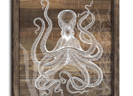 Octopus Bathroom Wall Art Decor: Ocean Sea Theme Wood Print Picture Framed Maine Life Coastal Artwork Beach Nautical Animal Painting for Bedroom Home Office 12x12 Inch