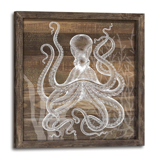 Octopus Bathroom Wall Art Decor: Ocean Sea Theme Wood Print Picture Framed Maine Life Coastal Artwork Beach Nautical Animal Painting for Bedroom Home Office 12x12 Inch