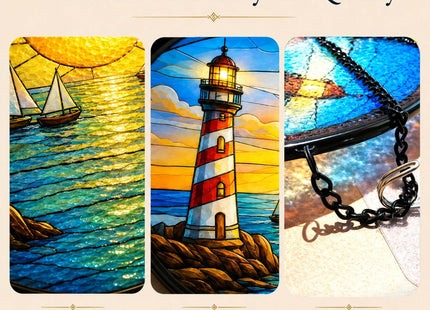 Lighthouse Ocean Suncatcher Window Hanging, 7.8" Stained Glass Decor, Symbolic Gift for Family, Friends and Loved Ones, Coastal Home Decor for Window, Wall, Living Room and Sunroom