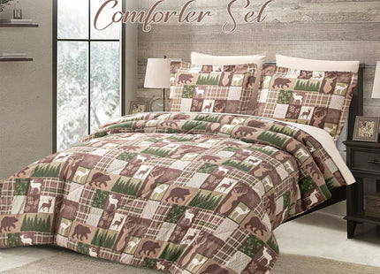 Comforter Set Queen Size Bear Moose Plaid Comforter Bedding-7 Piece Bed in a Bag,Soft Reversible Patchwork Microfiber Bedding Set (1 Comforter,1 Flat Sheet,1 Fitted Sheet,2 Pillowcases,2 Pillow Shams)